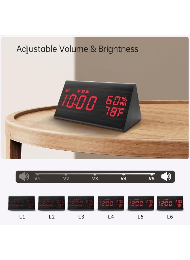 JALL Digital Alarm Clock, with Wooden Electronic LED Time Display, 3 Alarm Settings, Humidity & Temperature Detect, Wood Made Electric Clocks for Bedroom, Bedside, Red Digit Display