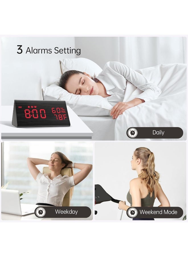 JALL Digital Alarm Clock, with Wooden Electronic LED Time Display, 3 Alarm Settings, Humidity & Temperature Detect, Wood Made Electric Clocks for Bedroom, Bedside, Red Digit Display