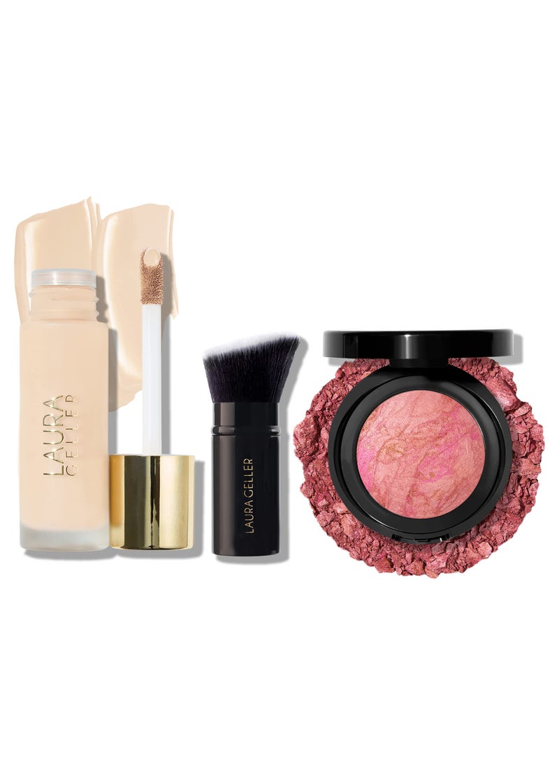 LAURA GELLER NEW YORK The Classic Matte Look - Liquid (3 Piece) Double Take Liquid Foundation Porcelain, Retractable Kabuki Brush, Baked Blush-n-Brighten Pink Buttercream