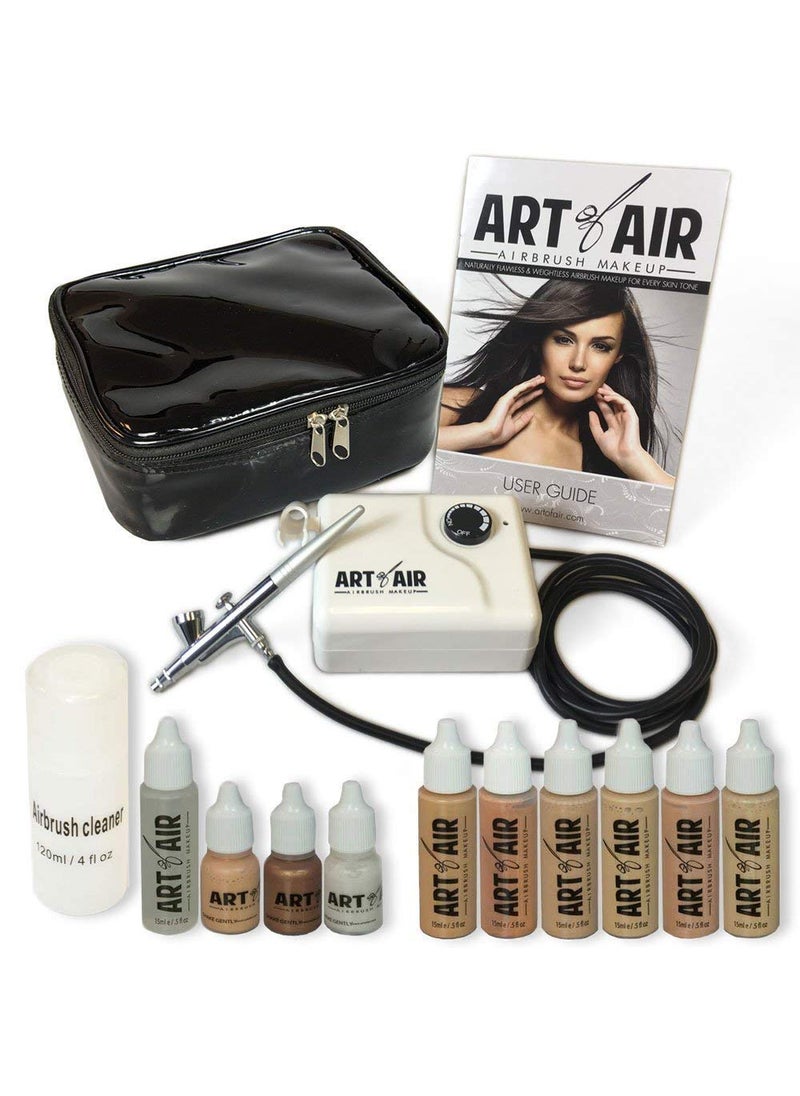 Art of Air Professional Airbrush Cosmetic Makeup System/Fair to Medium Shades 6pc Foundation Set with Blush, Bronzer, Shimmer and Primer Makeup Airbrush Kit