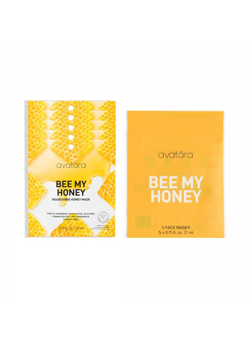 Avatara Bee My Honey Facial Mask 5 Sheets, Hydrating Sheet Masks with Honey and Sugar Cane Extract, Face Mask Skincare Beauty Essential for Moisturizing Skin, Minimize Pores, All Skin Types, 5 Pack