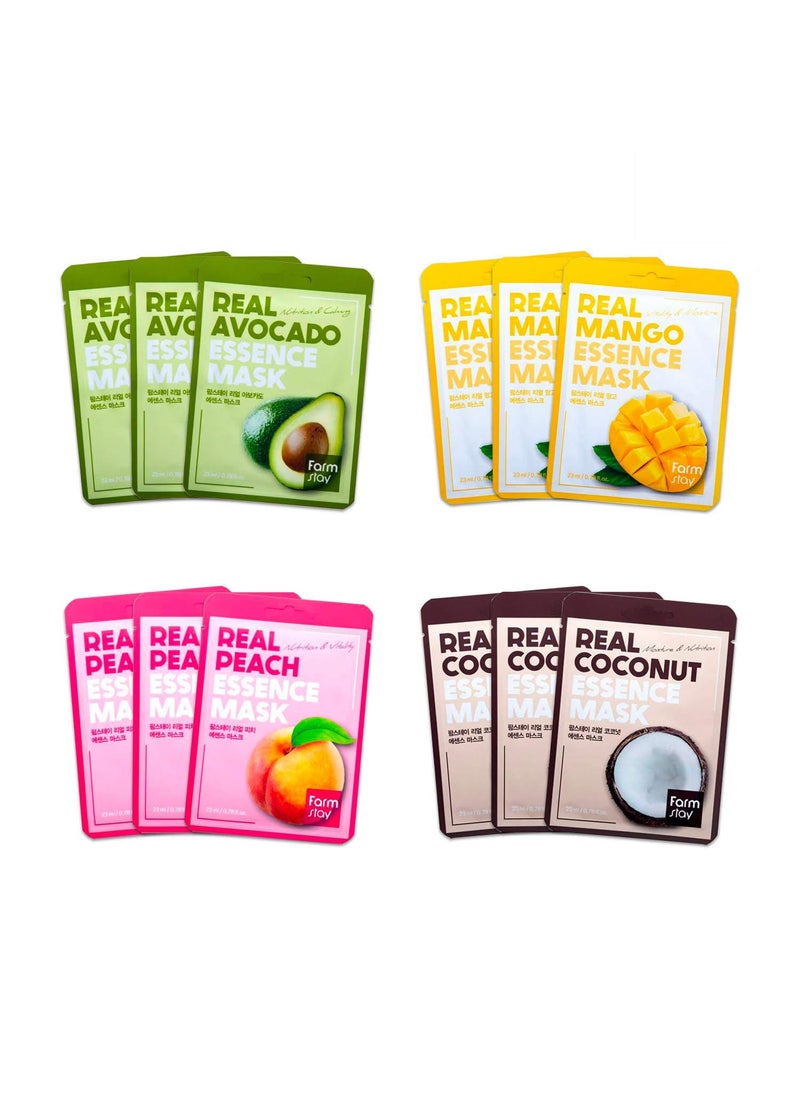 Farmstay] Real Essence Mask(12-Combo) - Mango, Coconut, Peach, Avocado | Korean Skin Care Mask Sheet