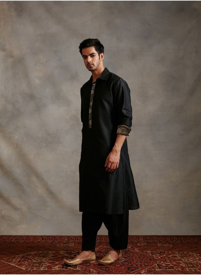 Banarasi collared kurta with zari placket-metallic black