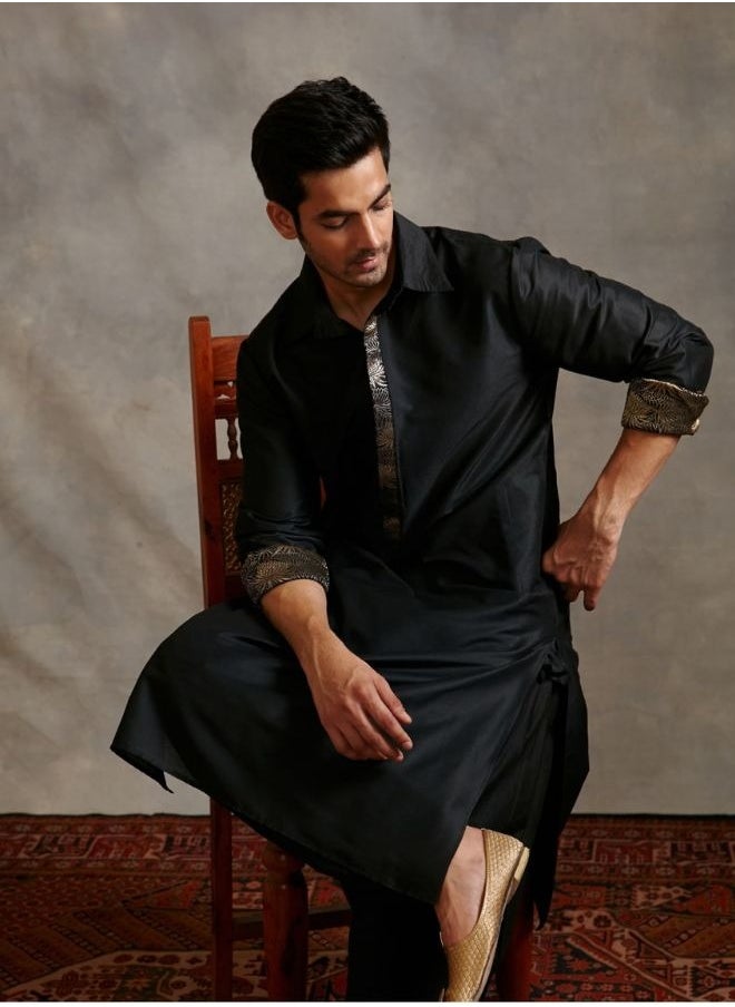 Banarasi collared kurta with zari placket-metallic black