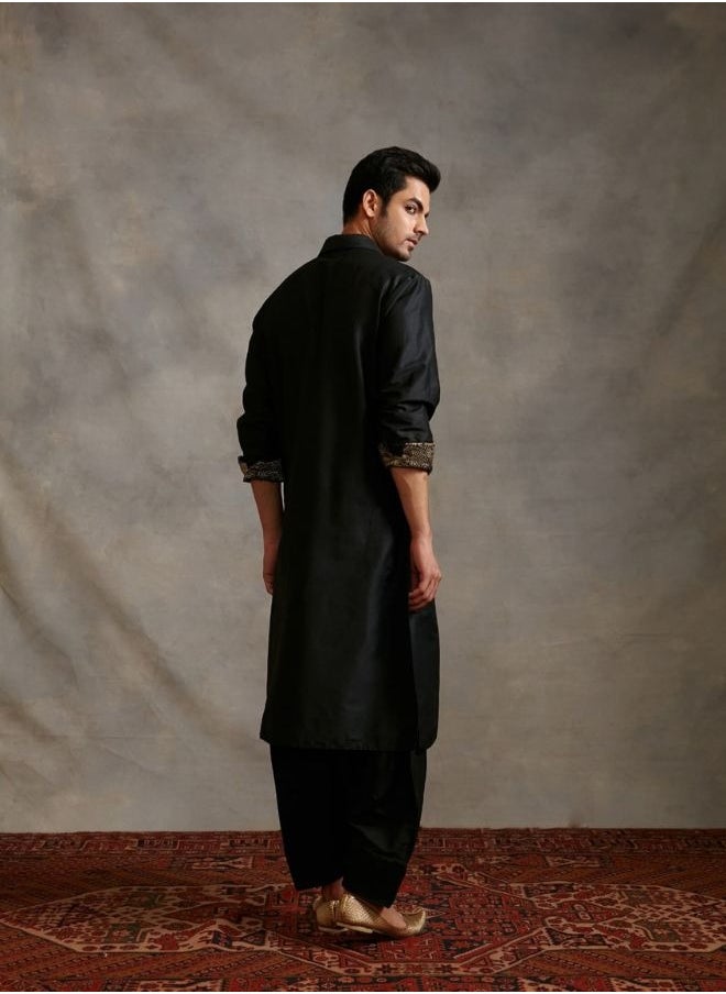 Banarasi collared kurta with zari placket-metallic black