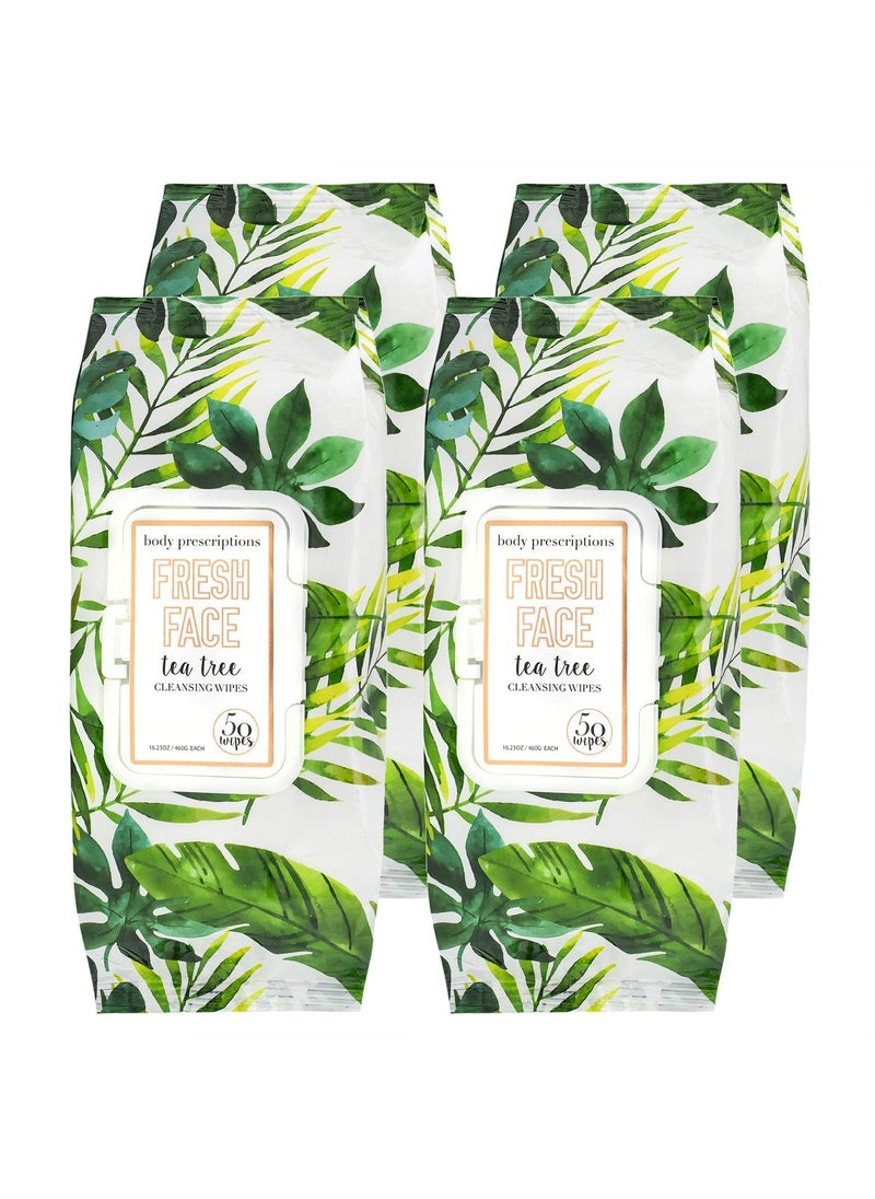 Body Prescriptions Tea Tree Facial Wipes, Moisturizing, Deep Cleansing Face Towelettes, Refreshing + Nourishing, Gentle Cleansing Cloths, 50 Count (Pack of 4), Fresh,Tea Tree