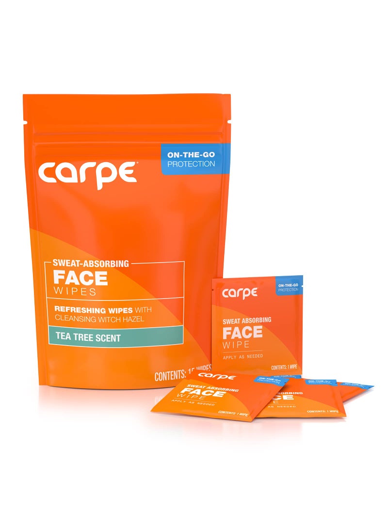 Carpe Sweat Absorbing Face Wipes (15 Facial Wipes). Witch Hazel & Tea Tree Oil Wipes Infused with Eucalyptus. Energizing, Refreshing, and Soothing. Sweat and Oil Control