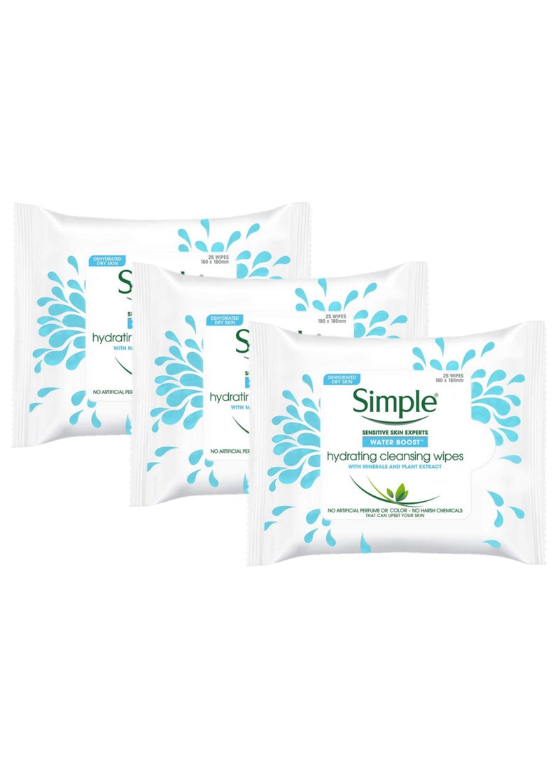 Simple Water Boost Cleansing Wipes Hydrating Makeup Remover For Sensitive Skin, 25 Count (Pack Of 3)