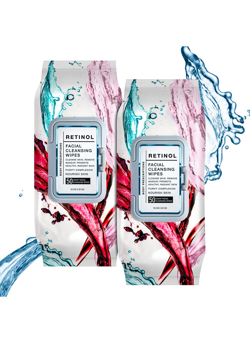 Body Prescription Makeup Cleansing Wipes - Gentle and Effective Face Wipes, 50 Count (Pack of 2), Retinol