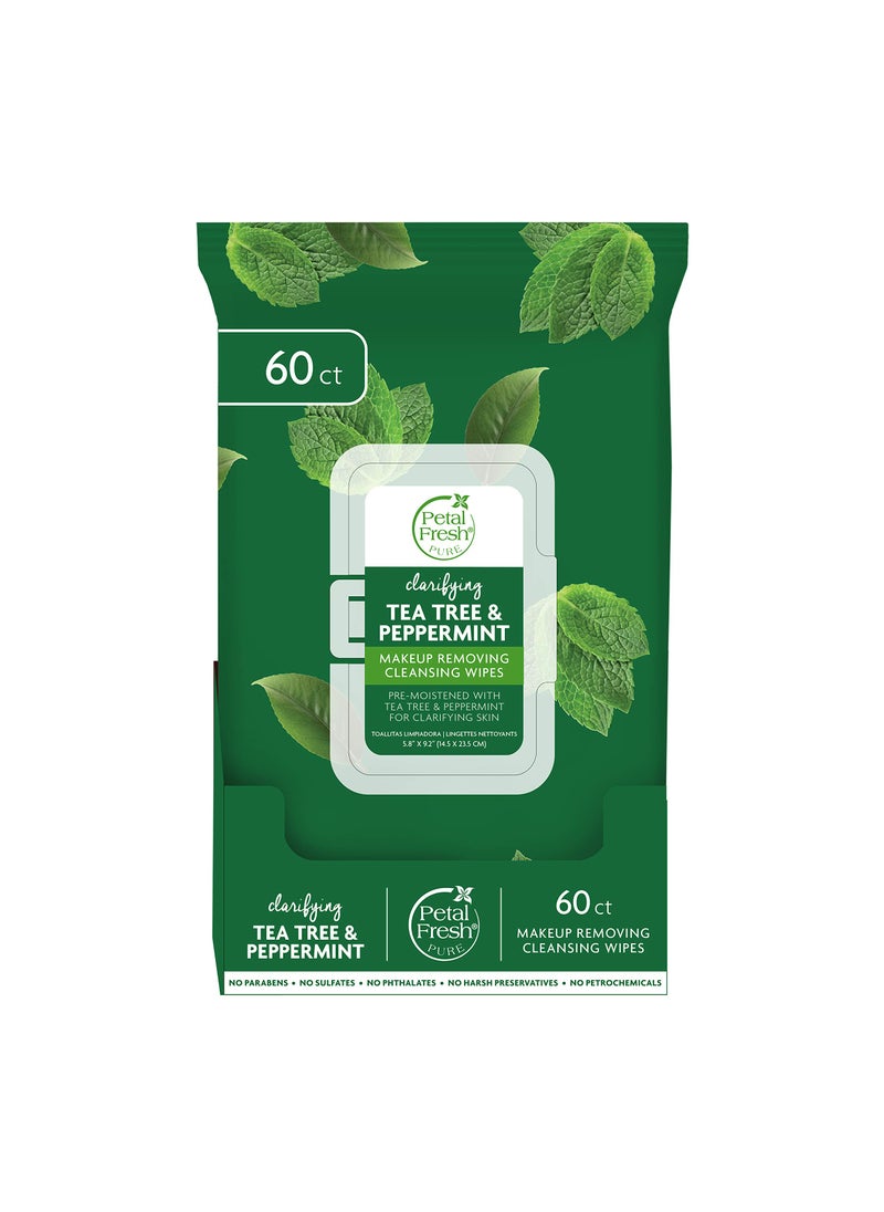 Petal Fresh Clarifying Tea Tree & Peppermint Makeup Removing, Cleansing Towelettes, Gentle Face Wipes, Daily Cleansing, Vegan and Cruelty Free, 60 count