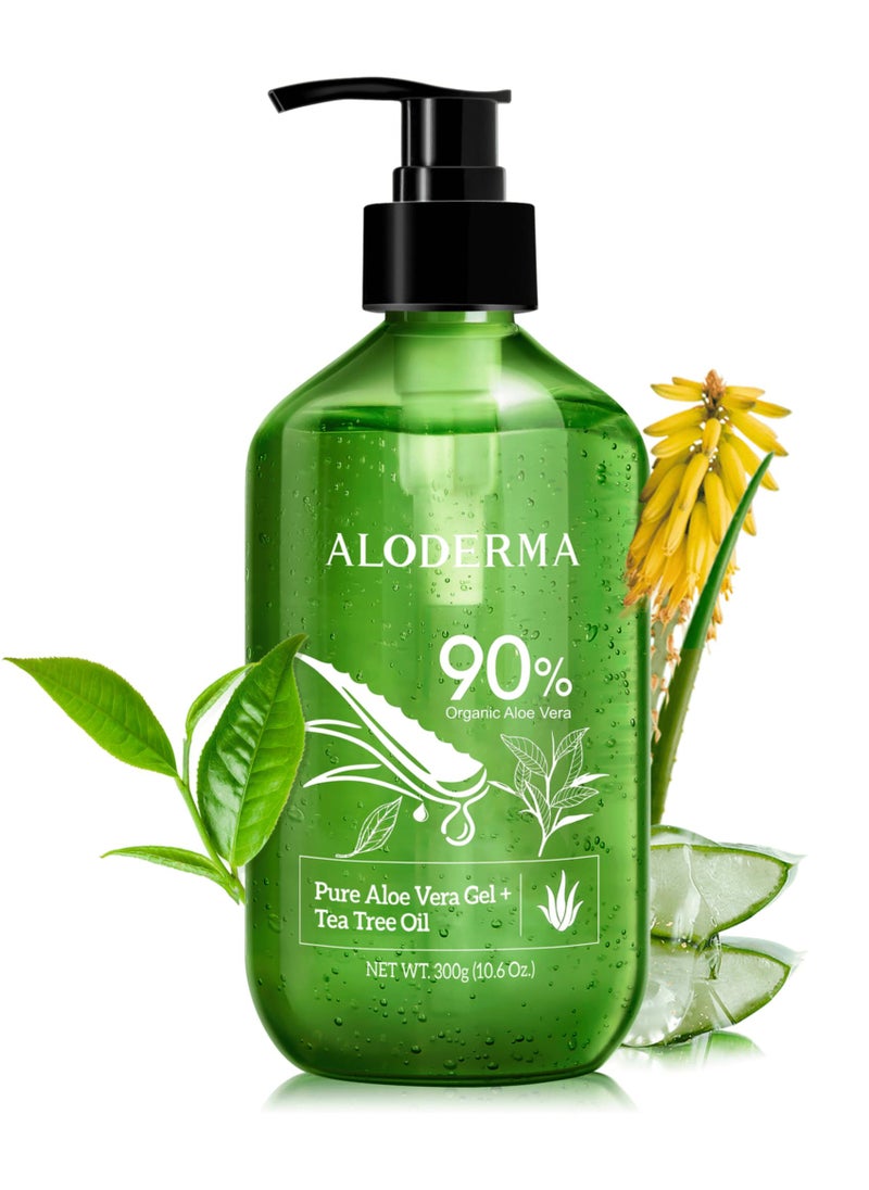 Aloderma Organic Aloe Vera Gel for Skin + Tea Tree Oil, Made within 12 Hours of Harvest, Soothing Pure Aloe Vera Gel for Face, Works Great for Oily Skin, Dry Scalp, Aftershave, Natural Aloe - 10.6 Oz