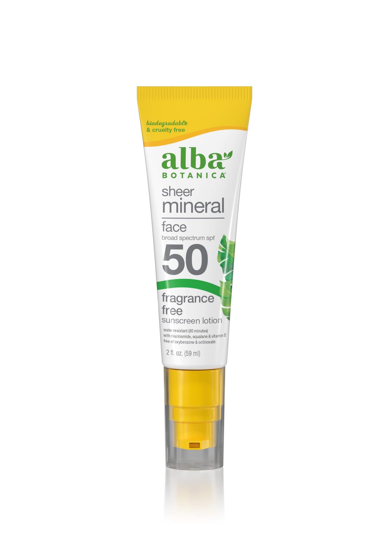 Alba Botanica Sunscreen for Face, Fragrance-Free Sheer Mineral Face Sunscreen Lotion, Broad Spectrum SPF 50, Water Resistant and Biodegradable, 2 fl. oz. Bottle (Packaging May Vary)