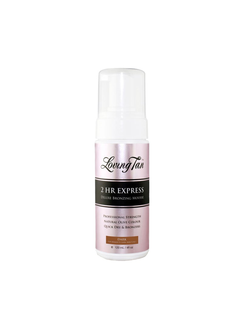 Loving Tan 2 HR Express Mousse, Dark- Streak Free, Natural looking, Professional Strength Sunless Tanner - Up to 5 Self Tan Applications per Bottle, Cruelty Free, Naturally Derived DHA - 4 FL Oz