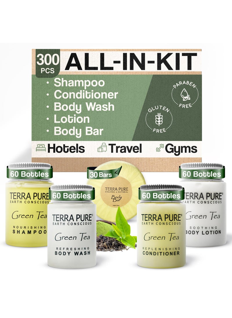 Terra Pure Hotel Soaps & Toiletries Bulk Set | 1-Shoppe Amenities Kit | 1oz Shampoo & Conditioner, Body Wash, Lotion, 1.25oz Bar Soap | Travel Size | 300 Pieces
