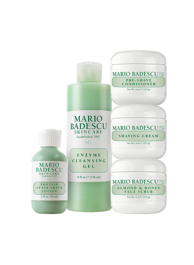 Mario Badescu-men Grooming Basics 5 Piece-kit, Skin Care Gift Set for-men-with Pre Shave Conditioner, Shaving Cream, Almond & Honey Face Scrub, After Shave Lotion, and Enzyme Cleansing Gel