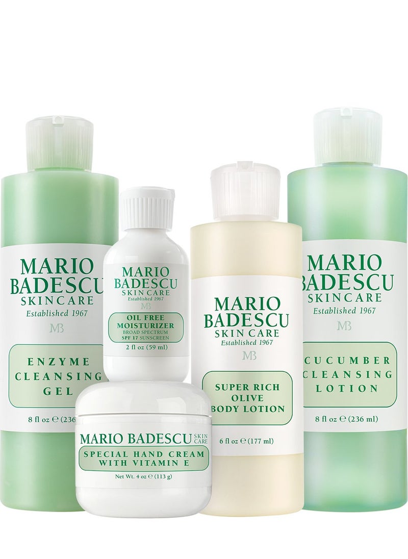 Mario Badescu MB Favorites Collection, Skin Care Gift Set Includes SPF 17 Moisturizer, Enzyme Cleansing Gel, Cucumber Cleansing Lotion, Hand Cream, Body Lotion, Cosmetic Bag & Compact Mirror