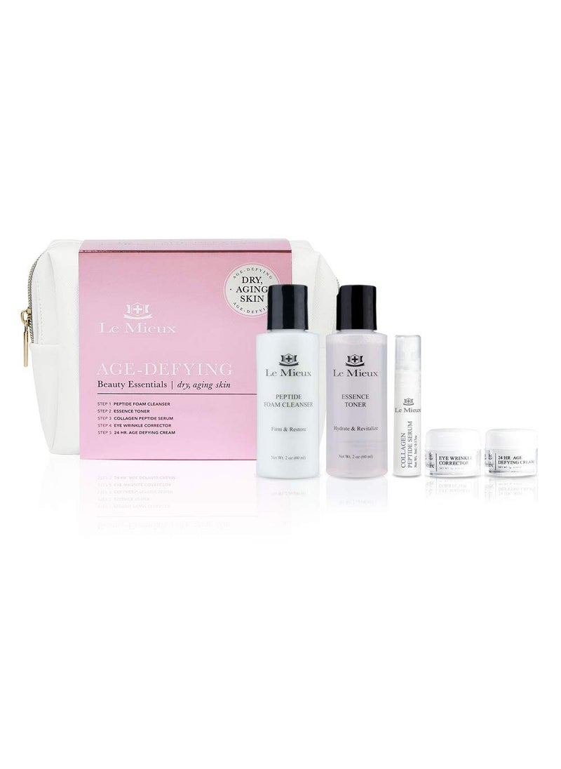 Le Mieux Age-Defying Beauty Essentials for Dry Skin - 5-Piece Luxury Skincare Facial Set - Peptide Foam Cleanser, Essence Toner, Collagen Peptide Serum, Eye Wrinkle Corrector & 24 Hr Age Defying Cream