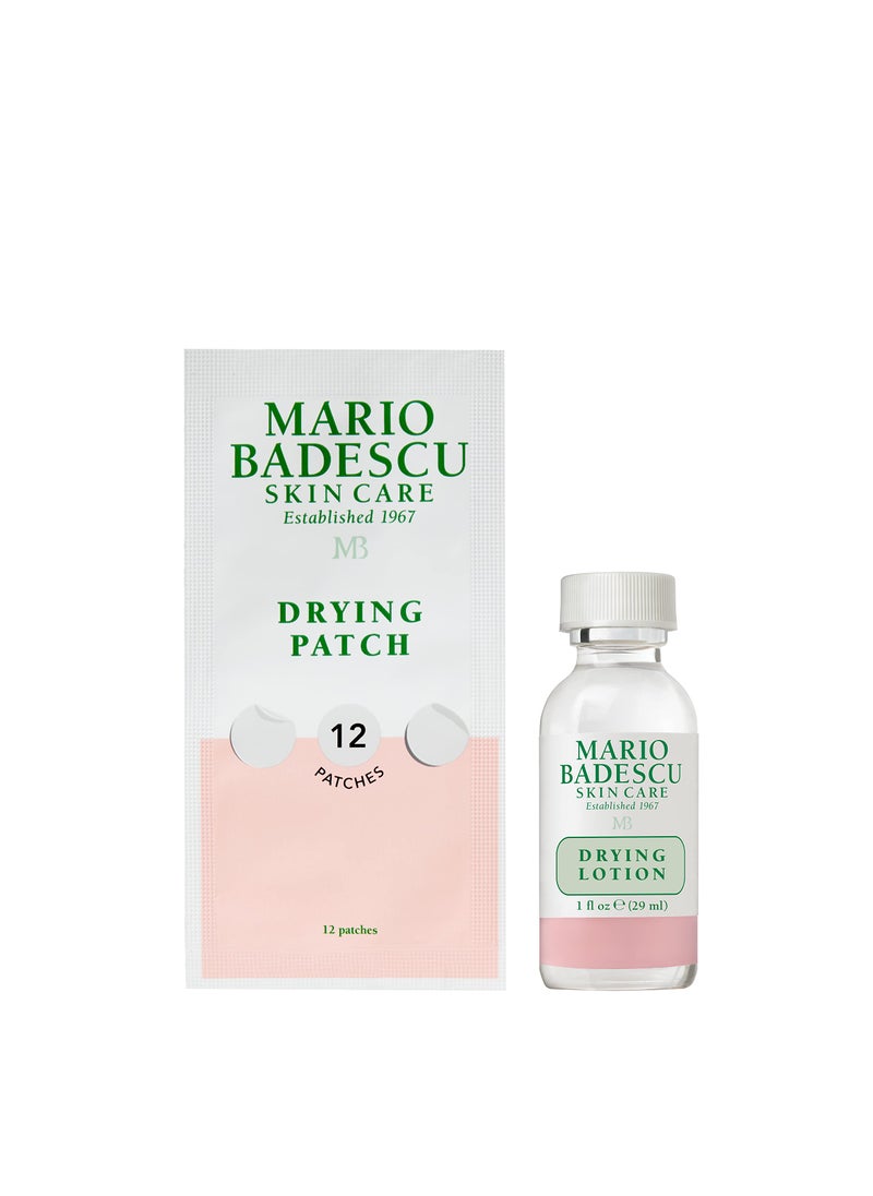Mario Badescu AM/PM Blemish Kit, Includes Drying Lotion Spot Treatment with Salicylic Acid and Sulfur (1 Fl Oz) AND Drying Patch Facial Stickers, Invisible Pimple Patches (12 Count)
