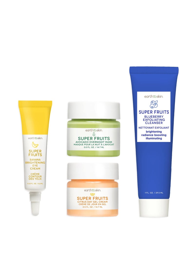 Earth To Skin Super Fruits Starter Set: Blueberry Exfoliating Cleanser (1.0 Fl Oz), Citrus Day Gel Cream (0.5 Fl Oz), Avocado Overnight Mask (0.5 Fl Oz), and Banana Brightening Eye Cream (0.23 Fl Oz)