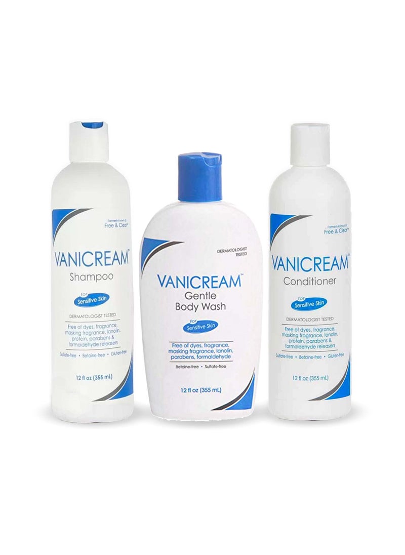 Vanicream, Free and Clear Shampoo, Conditioner and Body Wash Set, For Sensitive Skin, Fragrance and Paraben Free - 12 Ounce