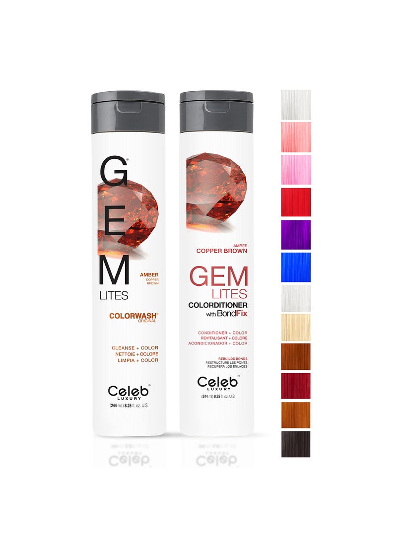 Celeb Luxury Gem Lites Duo Color Depositing Colorwash Shampoo & Conditioner Set + Bondfix Bond Rebuilder, Semi Permanent Hair Color, Vegan Hair Dye, Amber Copper Brown