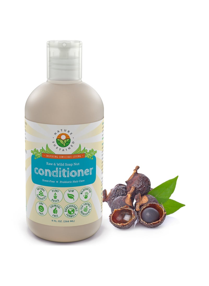 Nature Sustained Organic Fragrance Free Conditioner - Gentle Unscented Natural Sensitive Skin Conditioner - Raw Wildcrafted Probiotic Hypoallergenic Hydrating Conditioning Wash for All Hair - 9 Oz