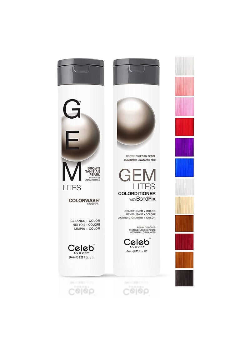Celeb Luxury Gem Lites Duo Color Depositing Colorwash Shampoo & Conditioner Set + Bondfix Bond Rebuilder, Semi Permanent Hair Color, Vegan Hair Dye, Brown Tahitian Pearl