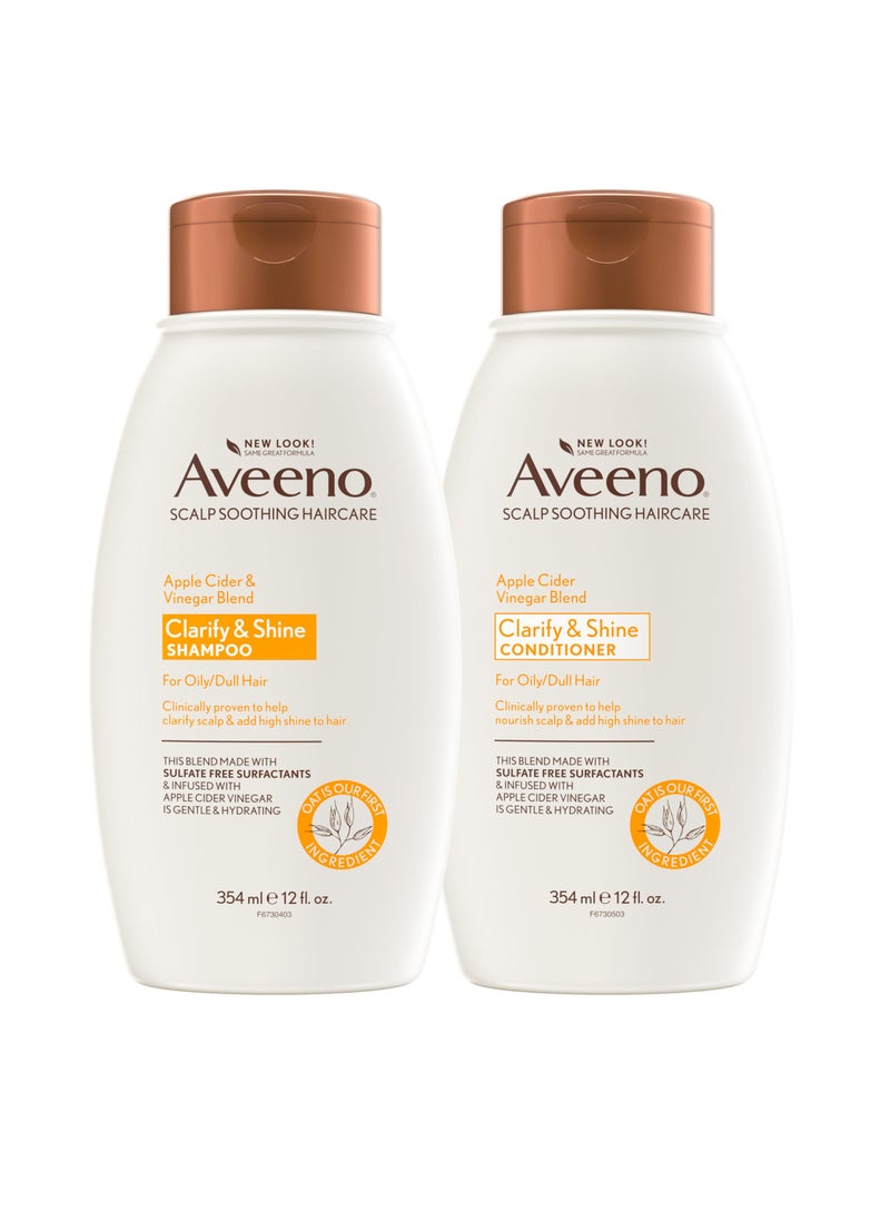 Aveeno Apple Cider Vinegar Shampoo + Conditioner for Balance & High Shine, Daily Clarifying & Soothing Scalp Shampoo for Oily or Dull Hair, Paraben & Dye-Free, 12 Fl Oz