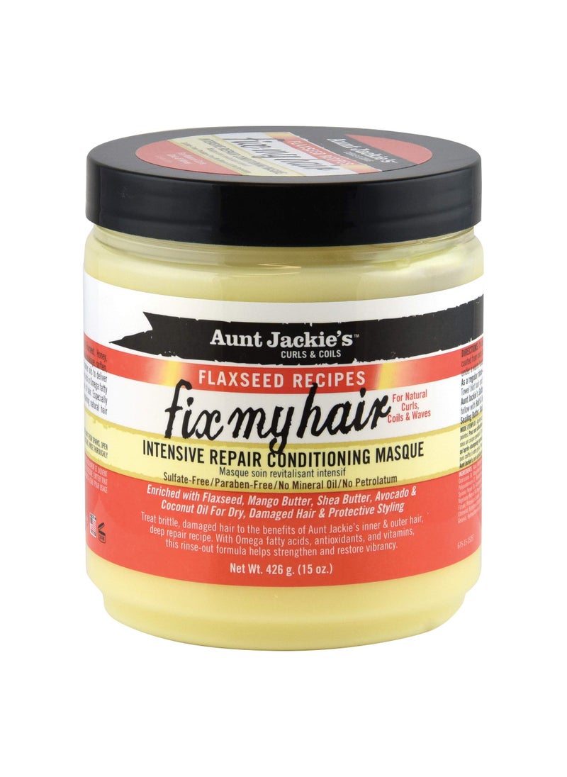 Aunt Jackie's Flaxseed Recipes Fix My Hair, Intensive Repair Conditioning Masque, Helps Prevent and Repair Damaged Hair, 15 Ounce jar
