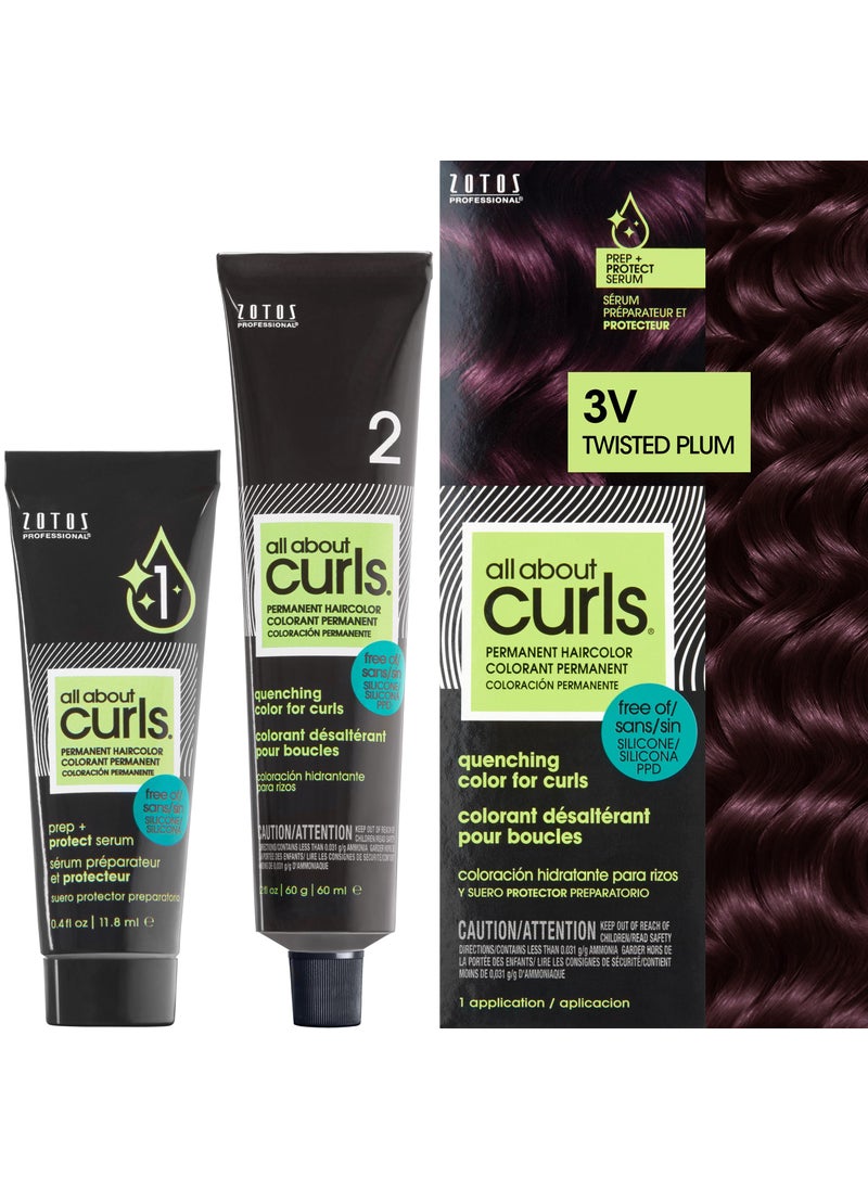 All About Curls 3V Twisted Plum Permanent Hair Color (Prep + Protect Serum & Hair Dye for Curly Hair) - 100% Grey Coverage, Nourished & Radiant Curls