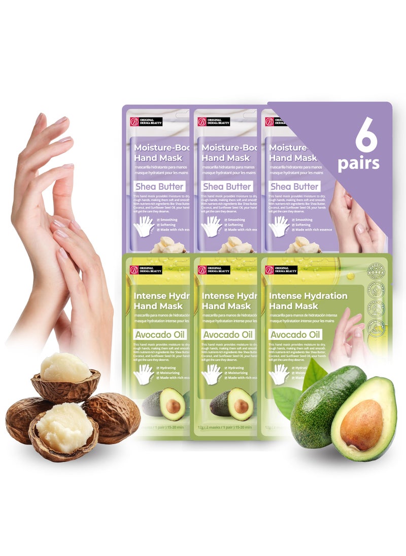 Original Derma Beauty Hand Mask 6 Pairs Moisture-Boosting Shea Butter + Intense Hydration Avocado Hand Moisturizing Mask Gloves (Assort #2) Hand Care Soothing Gloves Hand Repair Gloves