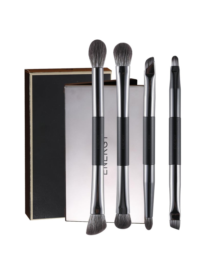 ENERGY Travel Eye Makeup Brush Set Eyeshadow Eye Blending Eyeliner Under Eye Concealer Eye Brow Smudge Makeup Kit with Portable Compact Mirror Case Double ended Makeup Brushes 4PCS