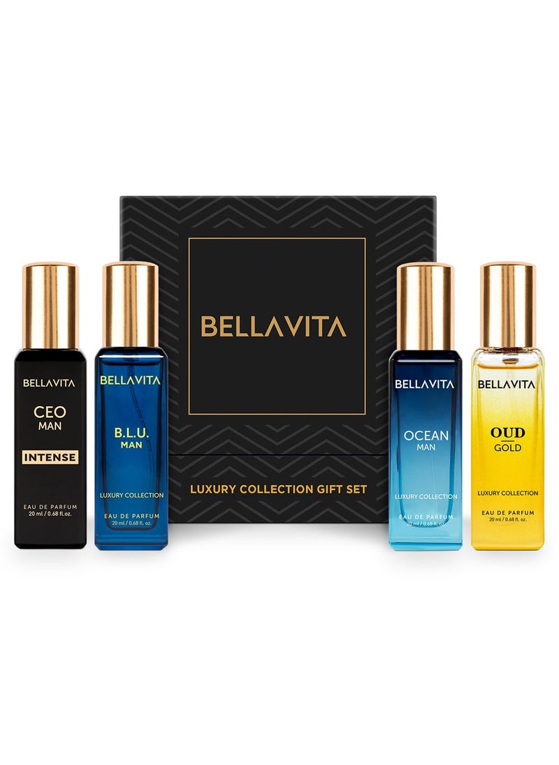 Bella Vita Luxury Collection Eau De Parfum (4x0.68 fl. oz.) | Cologne set for Men | 4 in a box - Perfume Set for men | OUD GOLD, OCEAN, B.L.U & CEO Intense | Perfect for gifting