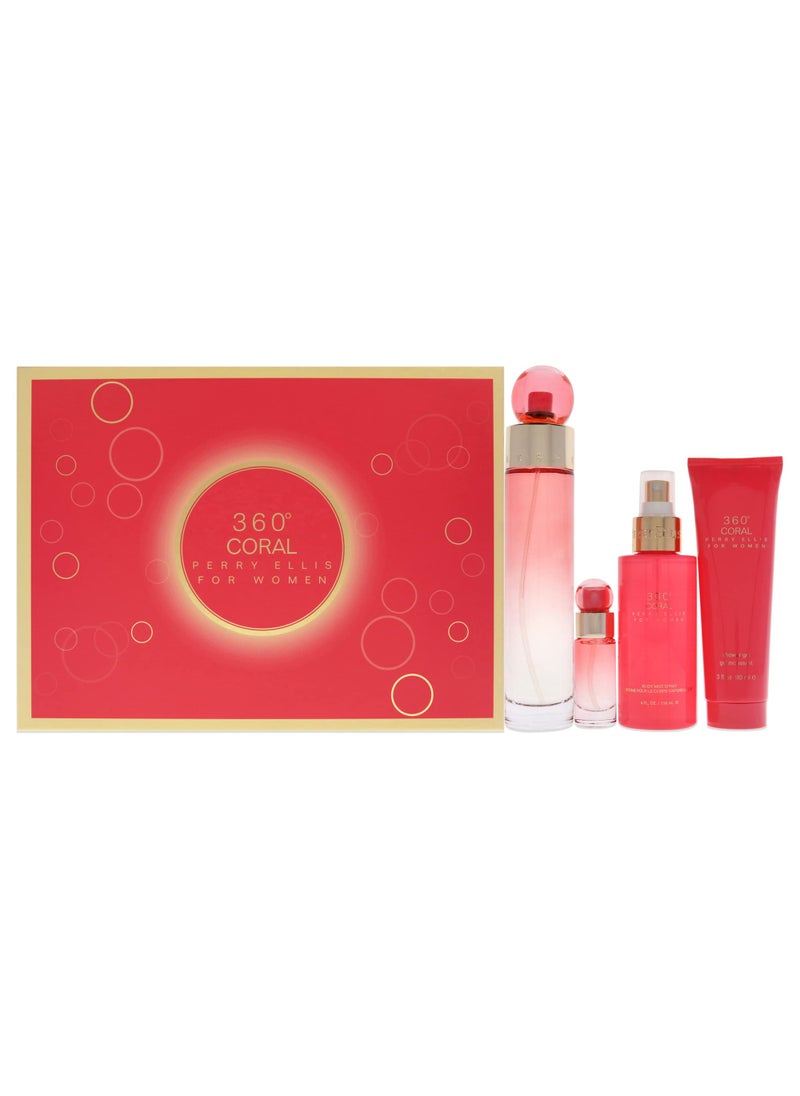 Perry Ellis 360 Coral 3.4oz EDP Spray, 4oz Body Mist, 3oz Shower Gel, 0.25oz EDP Spray Women 4 Pc Gift Set