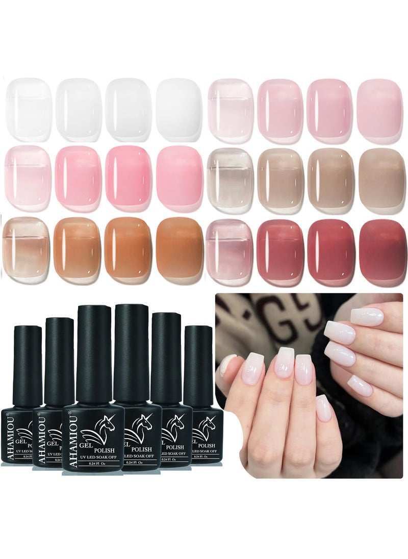 AHAMIOU Gel Nail Polish Nude Gel Polish Kit Sheer Milky White Icy Jelly Translucent Gel Polish Set Color Neutral Soak Off Art Home DIY Manicure Salon Varnish (6Colors set, 6PCS)