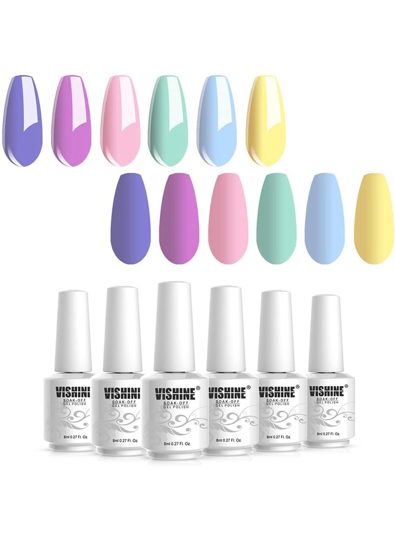 Vishine Gel Nail Polish Set - Macaron Series 6 Colors, Popular Lilac Pink Blue Yellow Fresh Bright Colors Trendy UV LED Soak Off Nail Art Gel Manicure Kit