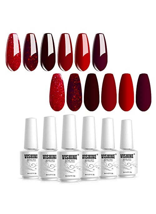 Vishine Burgandy Red and Red Glitter Gel Polish Set 6 Colors Long Lasting, Soak Off UV LED Gel 8ml Bottle
