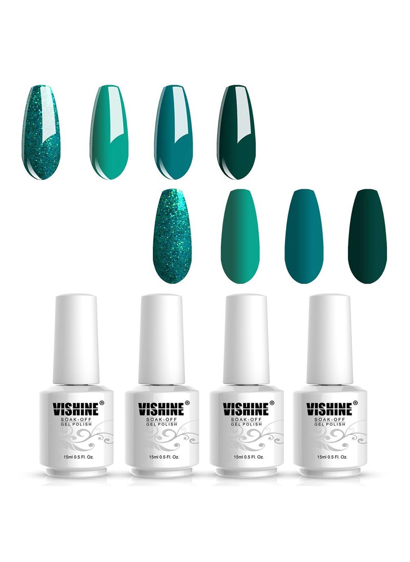 Vishine 4 Colors Green Teal Gel Nail Polish Kit 15ml, Glitter Green Sparkle Gel Nail Polish Set, Drak Green Gel Polish Nail Art Home DIY Salon