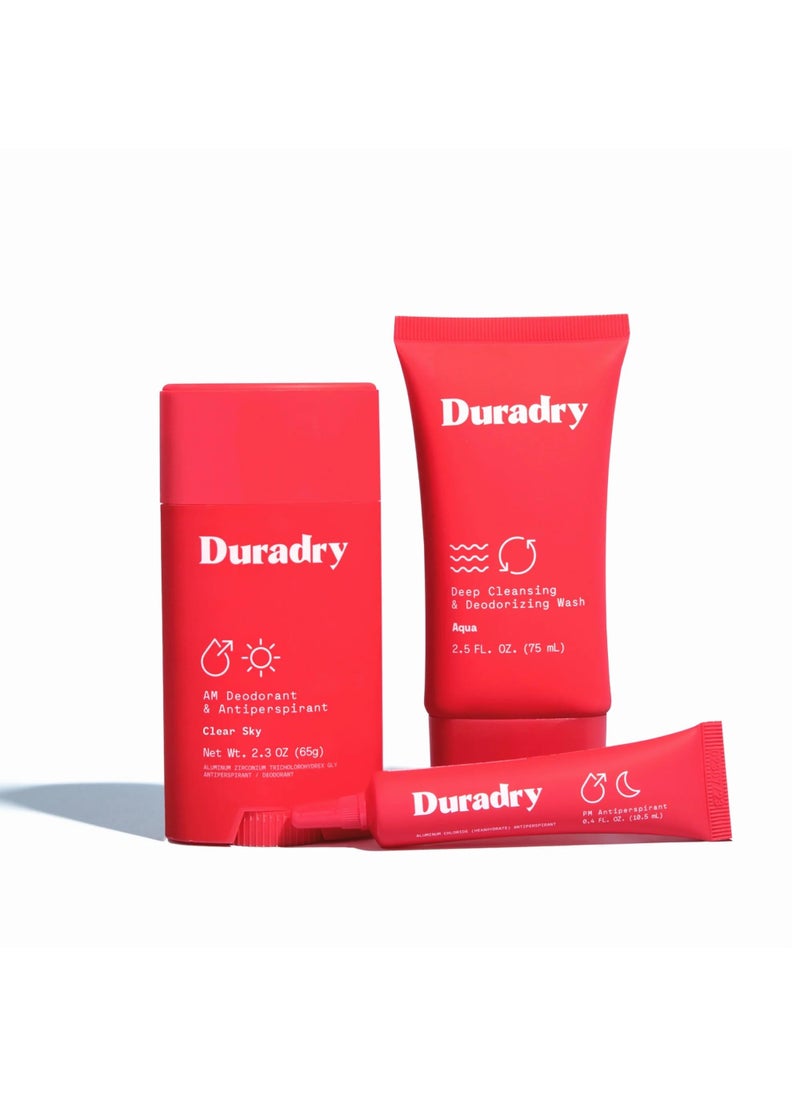 Duradry 3-Step System - Formulated to fight Excessive Underarm Sweating, Hyperhidrosis, Block Sweat & Odor - Antiperspirant Deodorant Stick, Sweat Minimizing Gel, Deodorizing Body Wash - Clear Sky