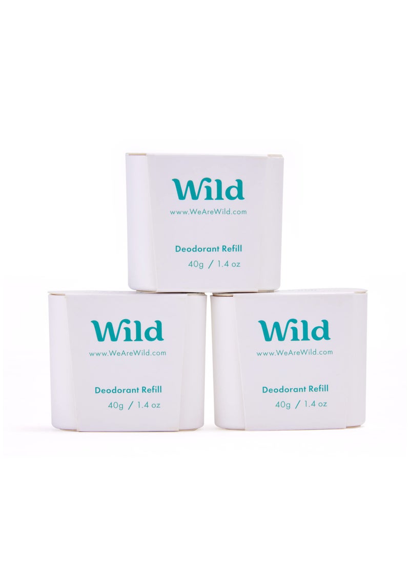 Wild - Refillable Deodorant - Fresh Cotton & Sea Salt Refill Trio Pack - Vegan - Aluminum Free - Long Lasting Protection - 3 Pack of 1.41oz Refills