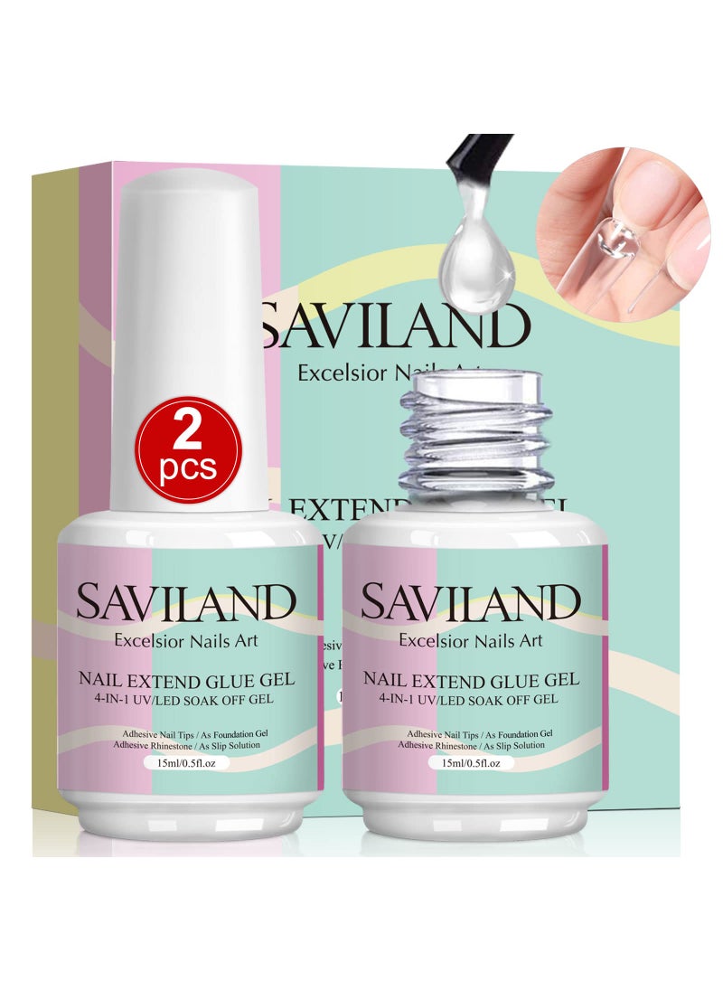 SAVILAND 4-in-1 Gel X Nail Glue: 2 PCS 15 ML Nail Glue for Acrylic Nails,Super Strong Brush On Glue Gel for False Nails,U V & LED Lamp Required