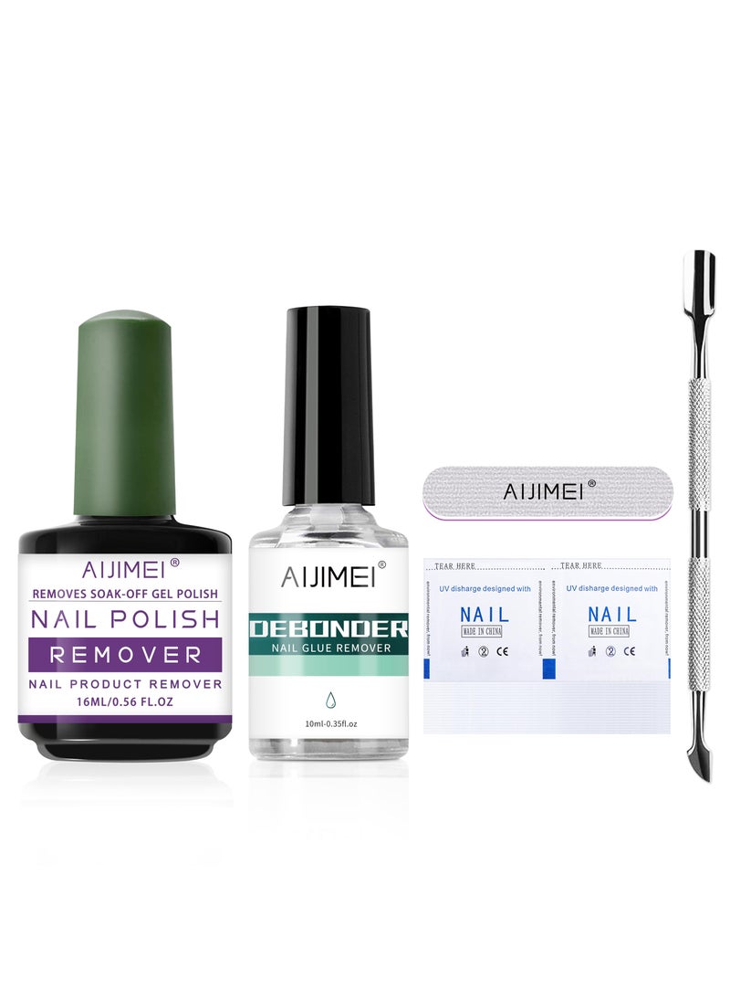 AIJIMEI 16ml/0.56fl.oz Nail Polish Remover Kit,Gel Polish Remover 10ml/0.35fl.oz Nail Glue Remover with Nail Polish Remover Pads Professional Gel Remover for Nails Fast Remove Any Gel Nail