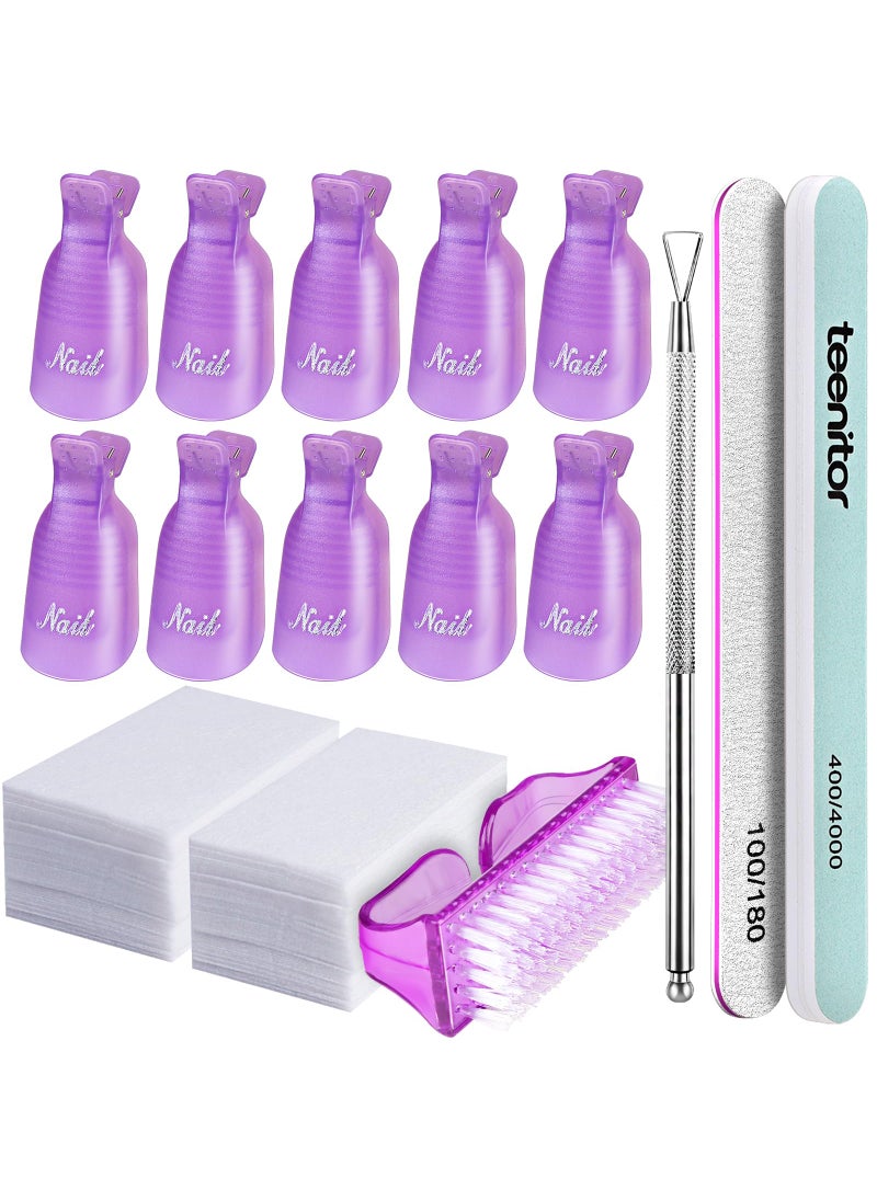 Teenitor Nail Polish Gel Remover Tools Kit with Nail Clips Nail Remover Pads Cuticle Pusher Nail Brushes Nail File Grits 120/180 Buffer Block Grits 400/4000, 6 Pack Purple