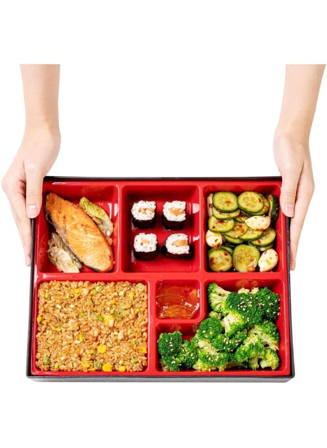 Restaurantware Bento Tek Rectangle Black and Red Large Japanese Style Bento Box - 6 Compartments
