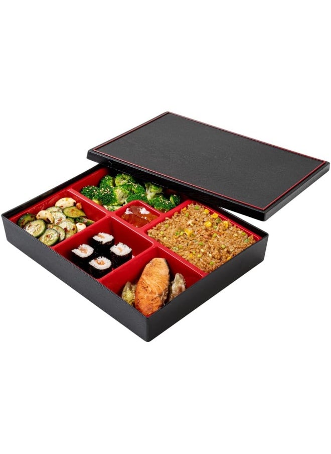 Restaurantware Bento Tek Rectangle Black and Red Large Japanese Style Bento Box - 6 Compartments