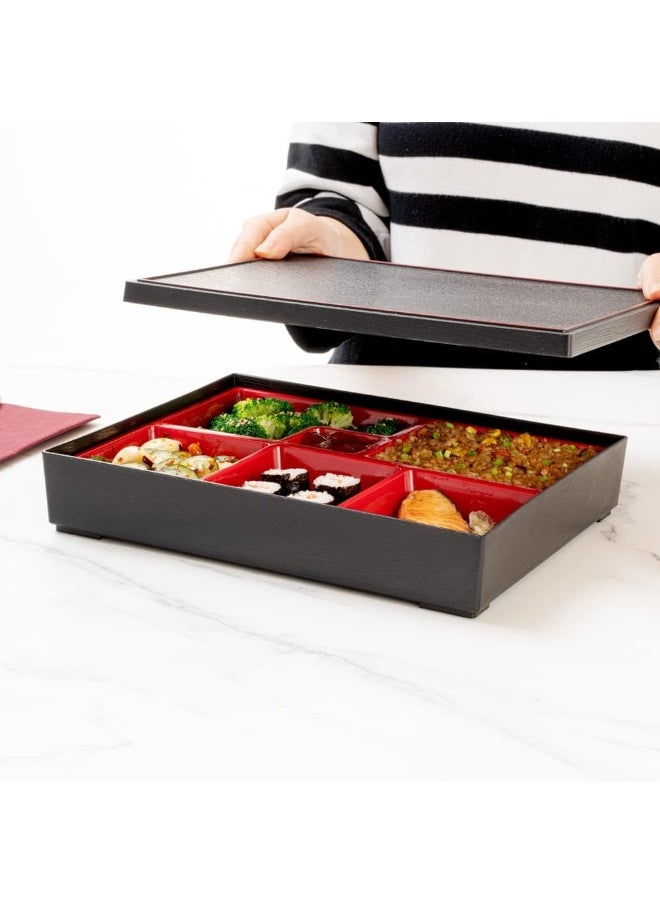 Restaurantware Bento Tek Rectangle Black and Red Large Japanese Style Bento Box - 6 Compartments