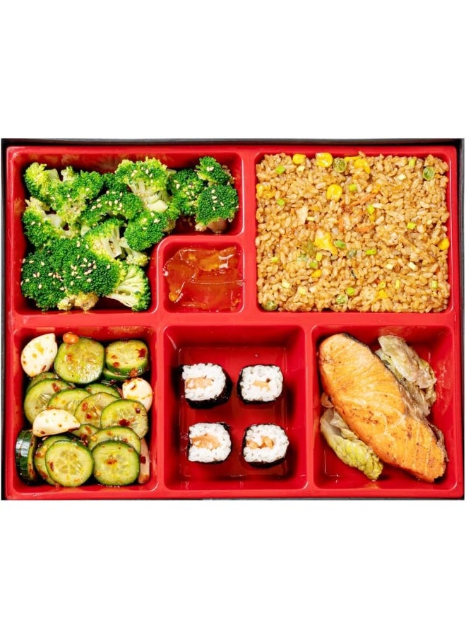 Restaurantware Bento Tek Rectangle Black and Red Large Japanese Style Bento Box - 6 Compartments