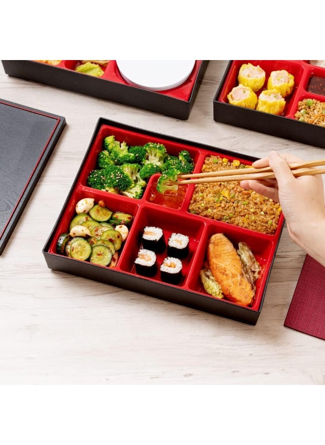 Restaurantware Bento Tek Rectangle Black and Red Large Japanese Style Bento Box - 6 Compartments