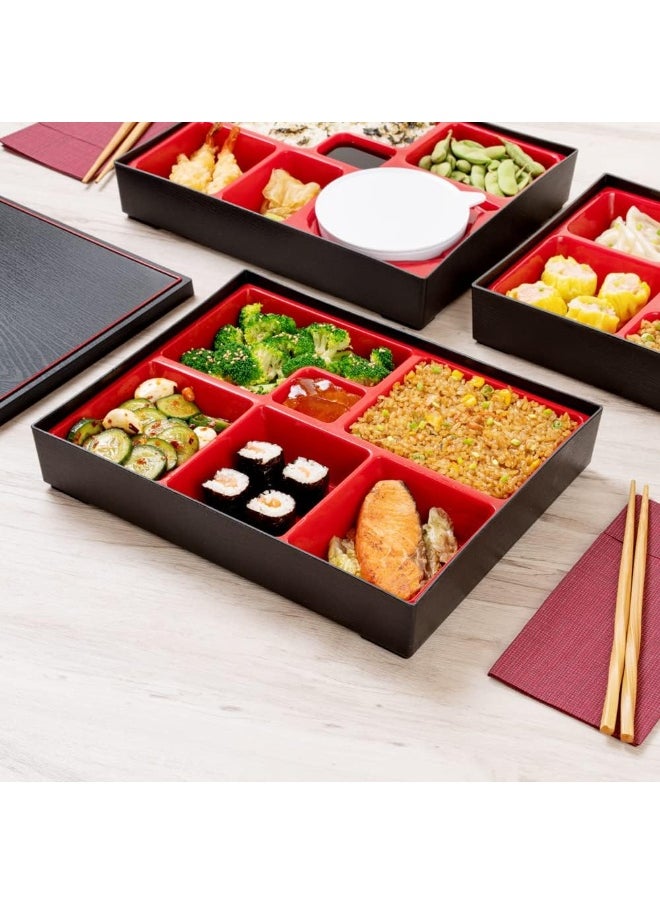 Restaurantware Bento Tek Rectangle Black and Red Large Japanese Style Bento Box - 6 Compartments