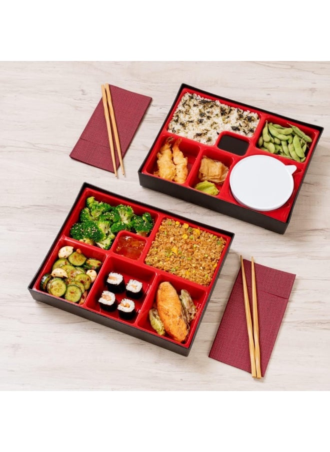 Restaurantware Bento Tek Rectangle Black and Red Large Japanese Style Bento Box - 6 Compartments